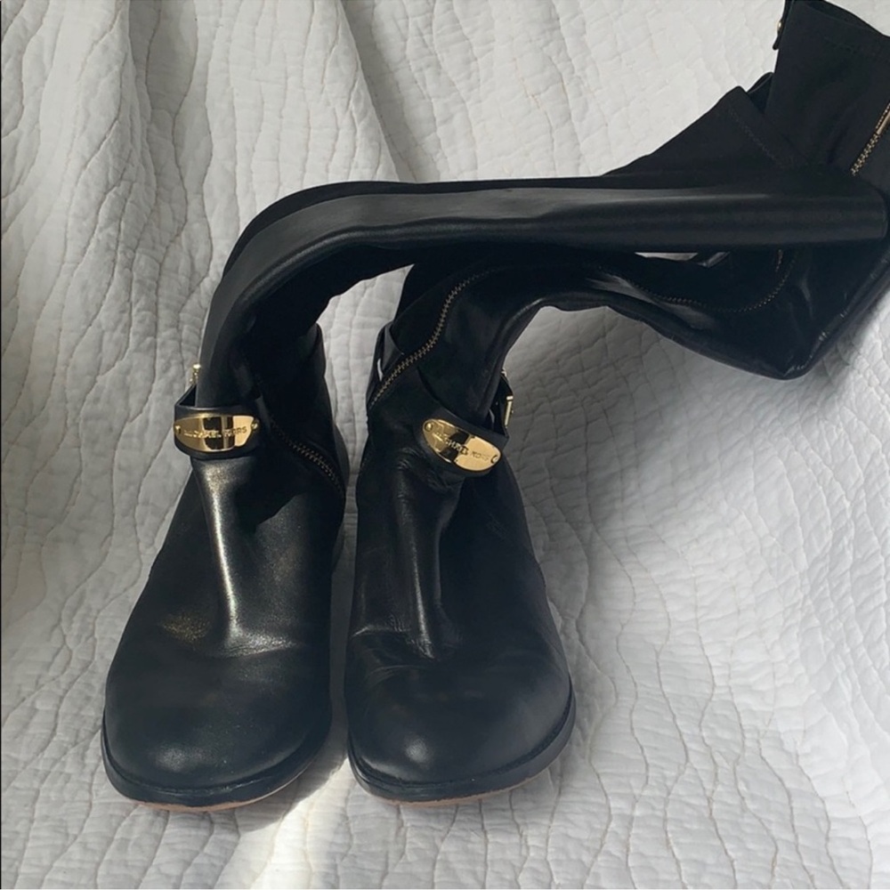 Michael Kors Black Leather Boots with Gold Accents